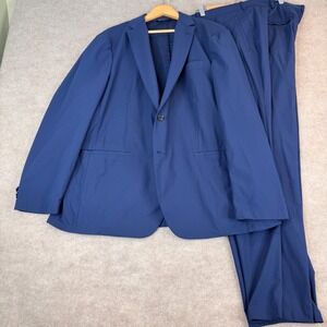 Sene Mens Navy Blue Blazer Pants Suit Set Polyester 46L Coat 42/32 pants
